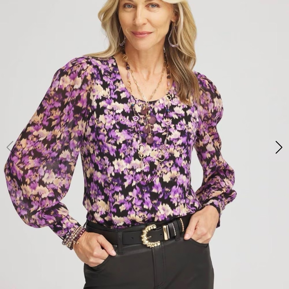 Chico’s Floral Sheer Blouse Size (3)XL Purple Black Organza Long Sleeve Top